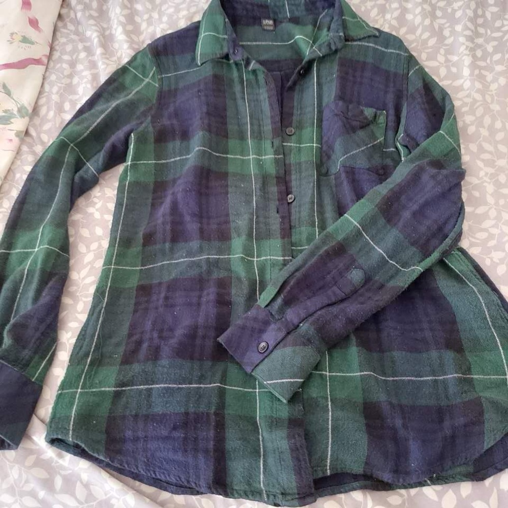 Blue and green plaid button down shirt